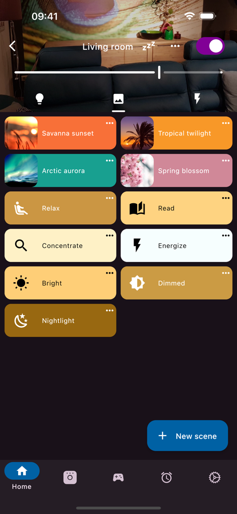 Hue Essentials - Hue Essentials app interface showing various lighting presets and room controls