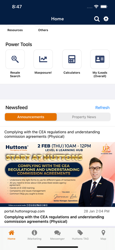 Huttons Link Up - Home screen of the Huttons Link Up real estate app featuring professional power tools and a property newsfeed