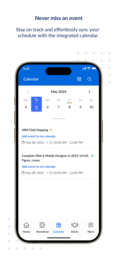 The integrated calendar interface of theEMPLOYEEapp showing company events.