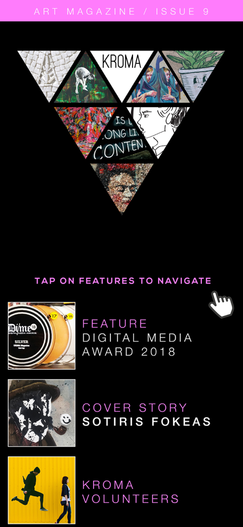 KROMA Magazine - Navigation screen of KROMA Art Magazine featuring contemporary art stories and award mentions