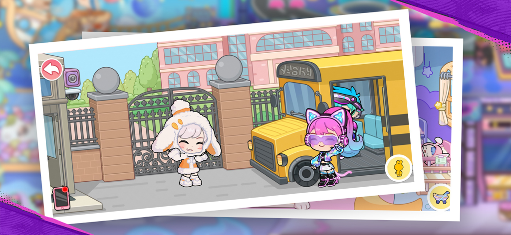 Tut World:Candy School - Two cute cartoon characters standing by a yellow school bus at the entrance of a candy school