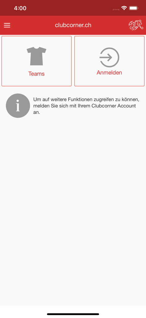 The home screen of the clubcorner app featuring buttons for teams and user login