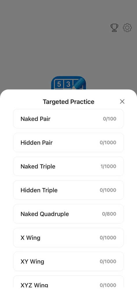 Sudoku Custom: Solve & Learn - Menu Pratique ciblée dans l'application Sudoku Custom listant les techniques avancées comme Naked Pair et X Wing