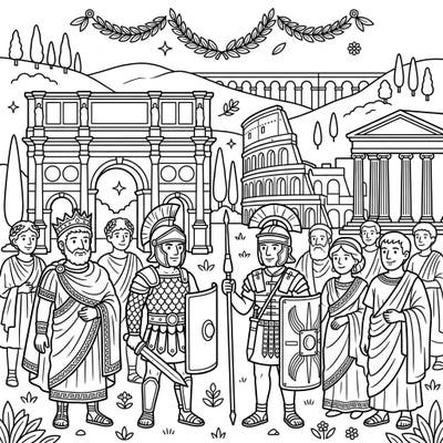 Unleash your child's creativity with this captivating coloring page featuring friendly Roman Empire figures. They'll love bringing ancient history to life, from brave legionaries to majestic emperors.