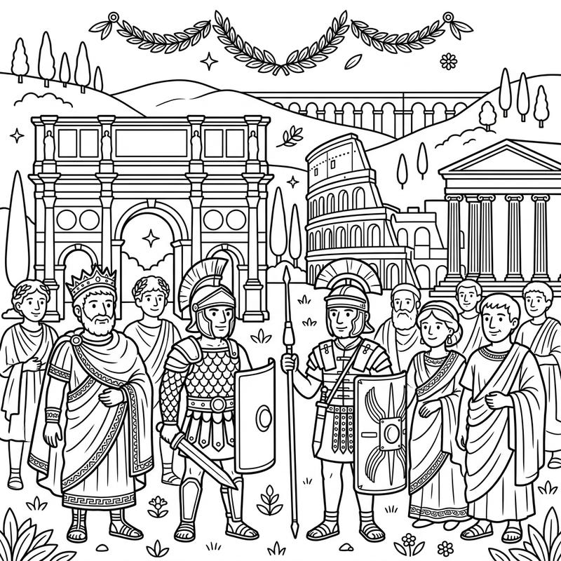 Unleash your child's creativity with this captivating coloring page featuring friendly Roman Empire figures. They'll love bringing ancient history to life, from brave legionaries to majestic emperors.