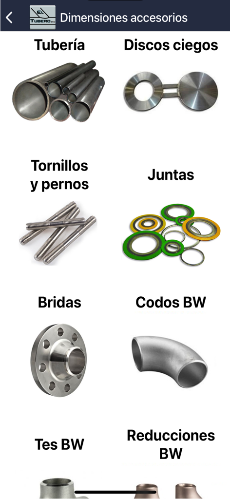 Interfaz de El Tubero 2.0 mostrando un catálogo de accesorios de tubería que incluyen bridas y pernos