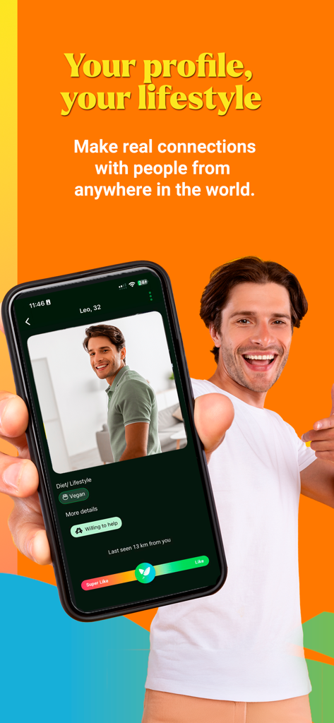 Veggly dating app interface showing a vegan user profile with a smiling man in the background