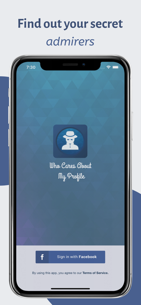 Who Cares About My Profile app splash screen featuring a Facebook login button and the text Find out your secret admirers