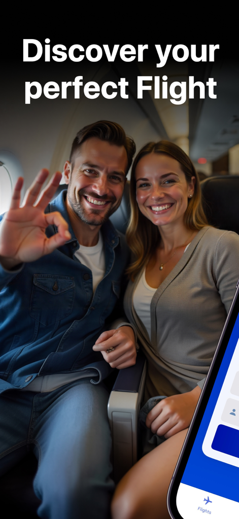 Una pareja feliz sentada en un avión con el texto Descubre tu vuelo perfecto sobre un teléfono móvil que muestra la aplicación de reserva de vuelos baratos.