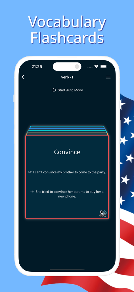 English vocabulary flashcard for the word convince with example sentences on a mobile learning app.