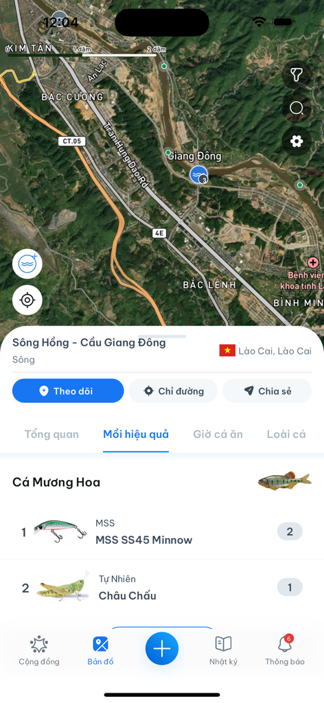 Fishmap - Fishmap app interface showing a satellite map of a fishing spot and effective lure recommendations for specific fish