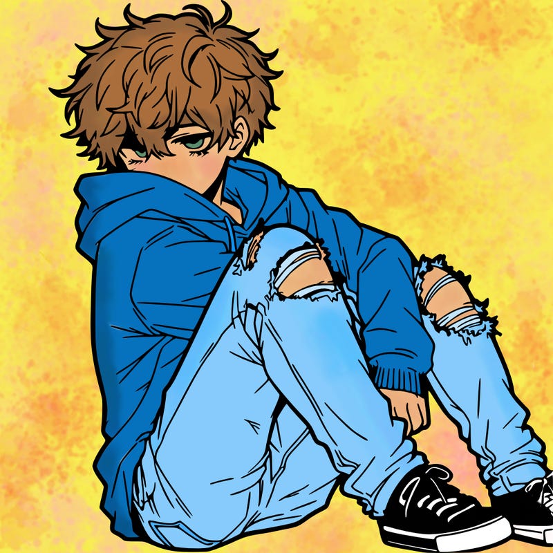 a male hoddie ripped jeans messy hair anime