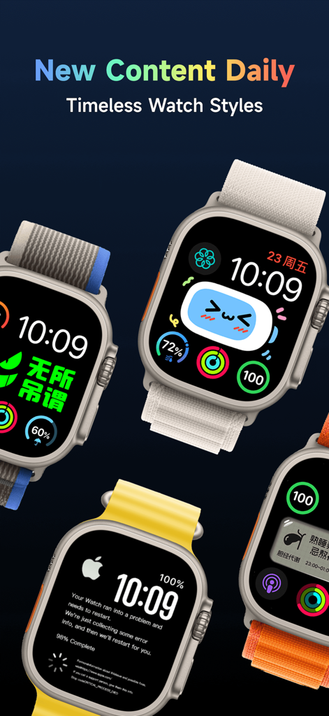 A variety of Apple Watch devices displaying diverse custom watch face designs and widgets