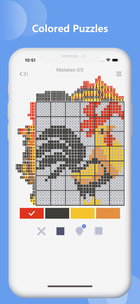 Pantalla de juego de un rompecabezas de lógica Nonogram a color que muestra un gallo revelándose en un dispositivo móvil