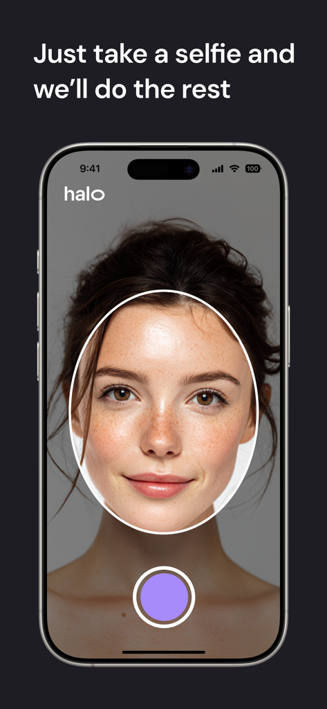 Halo: Clear Skin in 55 Days - iPhone screen showing the Halo app selfie interface for AI skin analysis