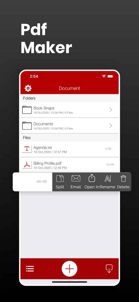 PDF Maker Pro:Splitter,Merger - PDF Maker Pro app interface showing a list of folders and files with a functional menu for splitting, emailing, and renaming documents.