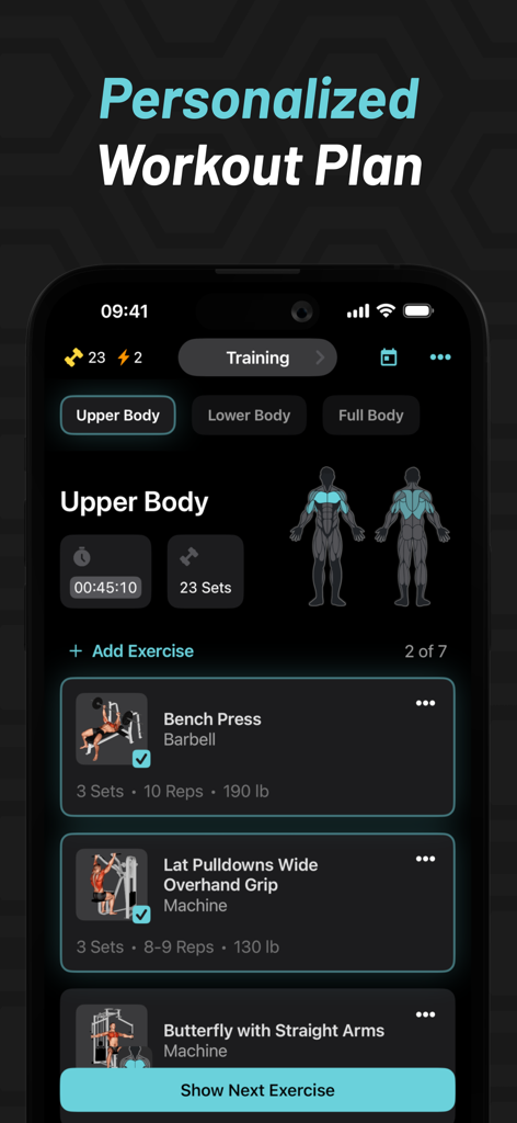 MyFitCoach - Workout Planner - MyFitCoach app interface showing a personalized upper body workout plan with sets reps and muscle tracking