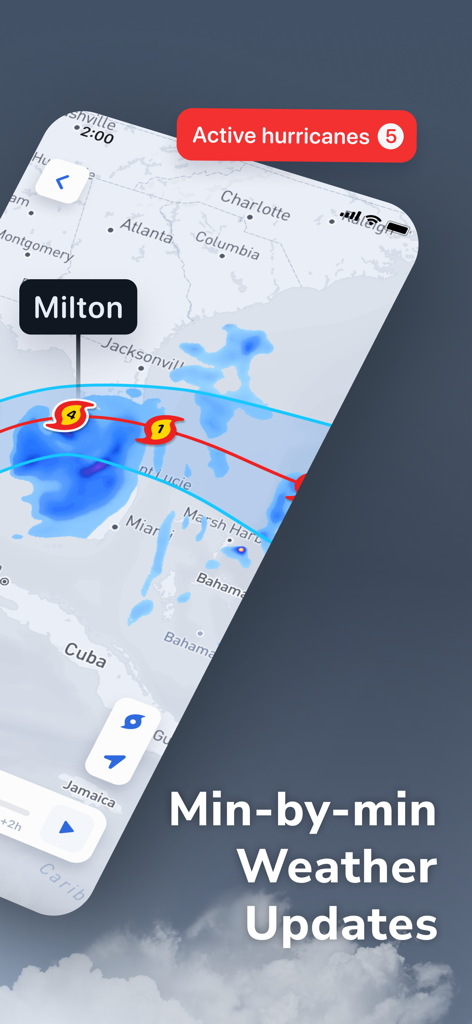 Rainbow AI: Weather Radar - Rainbow AI app interface showing Hurricane Milton tracking on a high-quality weather radar map