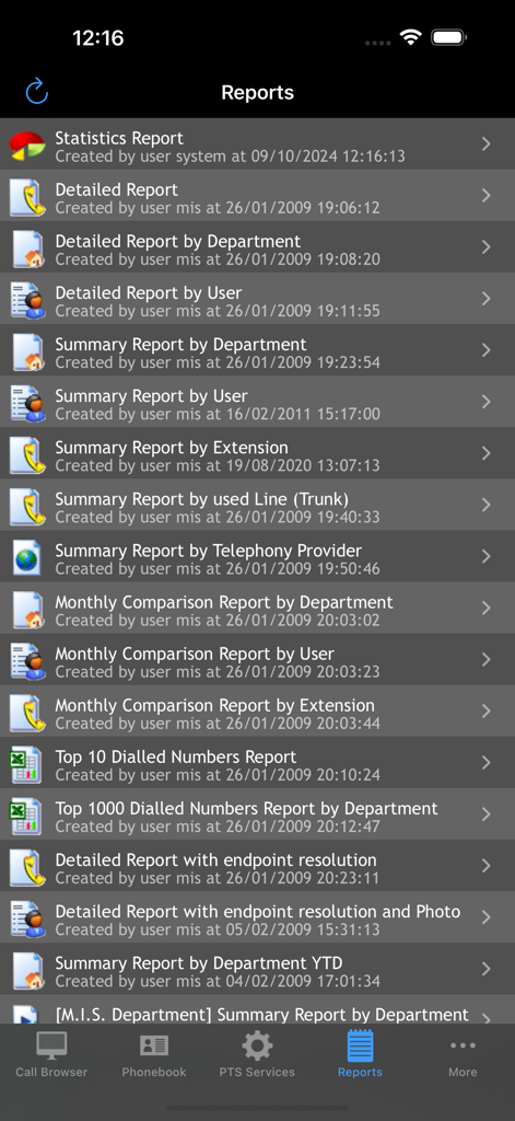 Eine Liste verschiedener Anruferfassungs- und Geschäftsberichte in der Benutzeroberfläche der PhoneTrack NexGen Mobile App.