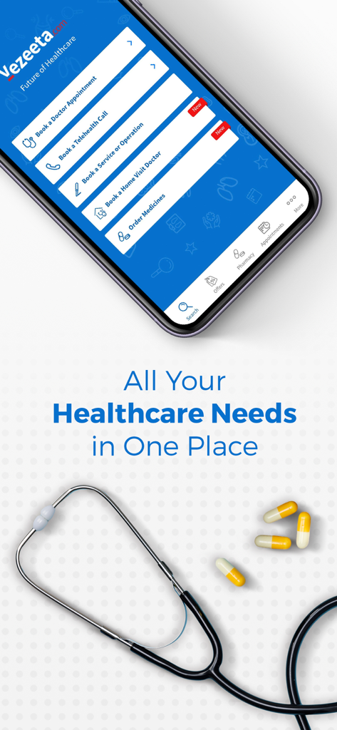 Vezeeta - Doctors & Pharmacy - Mobile interface of Vezeeta app displaying healthcare services including doctor booking and pharmacy orders