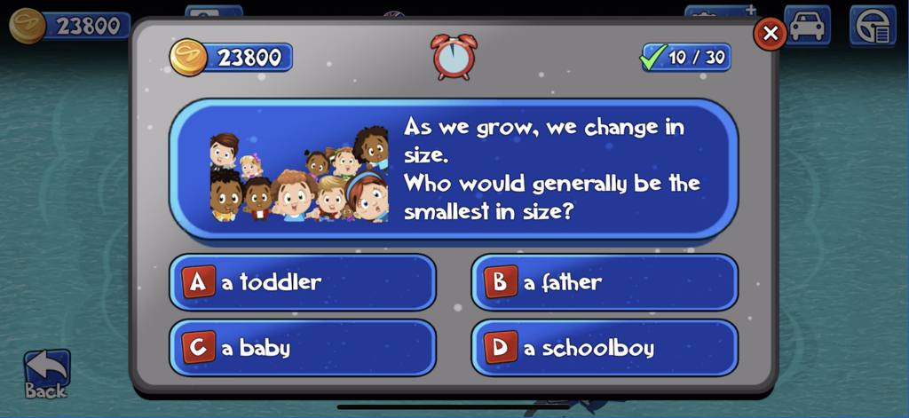 Une question de trivia à choix multiples sur la croissance et la taille humaines dans l'interface de l'application World Wise