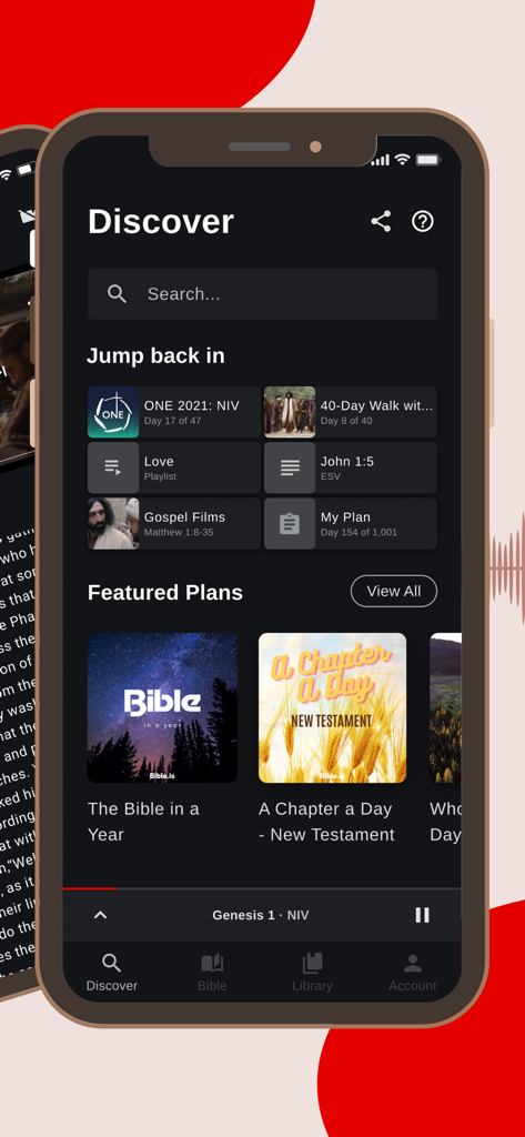 The Discover screen of the Bible.is app showing reading plans and audio playlists
