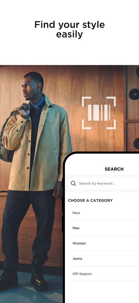 Interface de recherche de l'application G-Star Raw montrant des catégories de mode et une fonction de scan de code-barres.
