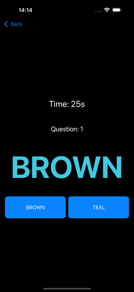 Fun Verse - Fun Verse game screen showing a word color challenge with a timer and selection buttons.