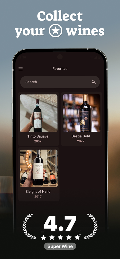Wine ID: AI Scanner & Tracker - A screen from the Wine ID app showing a digital collection of favorite wine bottles including names and vintage years