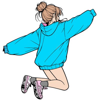 realistic girl jumping with a bun and oversized sweatshirt