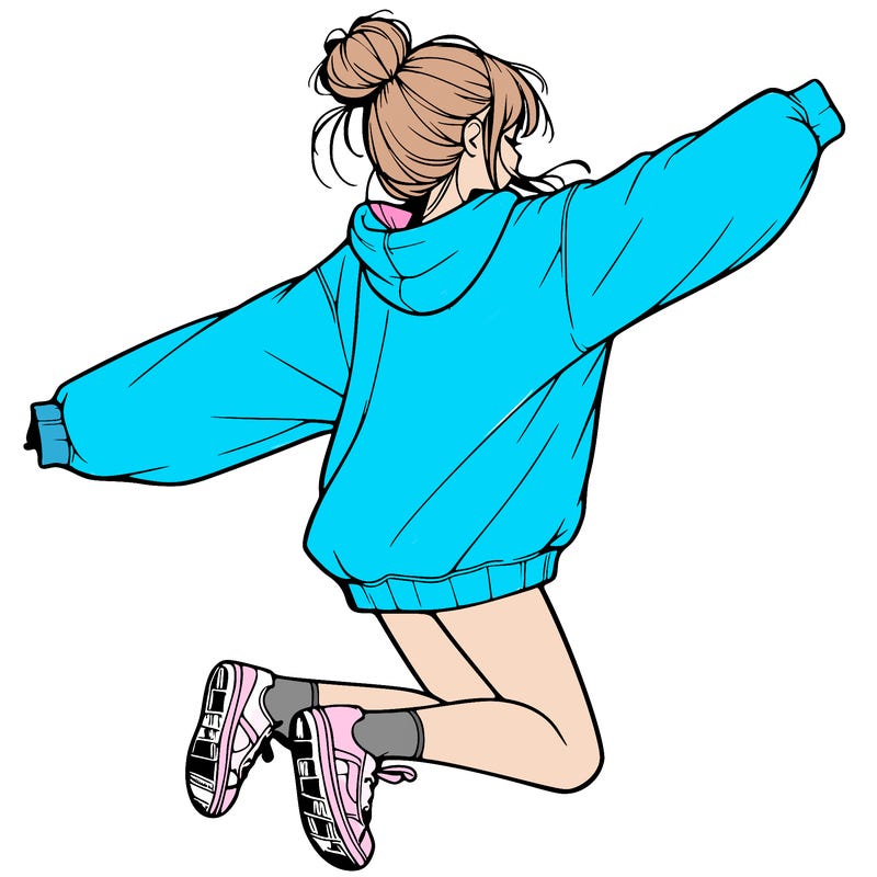 realistic girl jumping with a bun and oversized sweatshirt