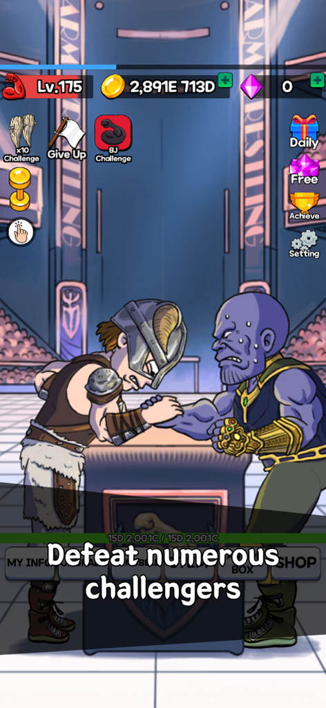 Arm Wrestling Clicker - Arm wrestling match against a muscular purple challenger