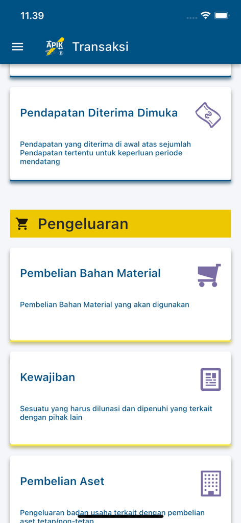 Mobile app interface of SIAPIK BI showing business transaction categories for revenue and expenses