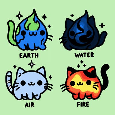 4 cats that represent the different elements, earth, water, air, and fire