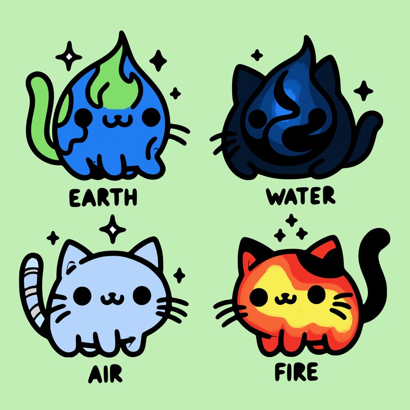 4 cats that represent the different elements, earth, water, air, and fire