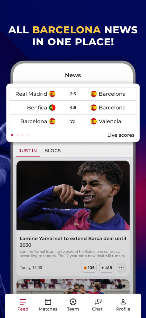Barcelona Live - For Barca Fan - Barcelona Live app interface featuring club news and live match scores