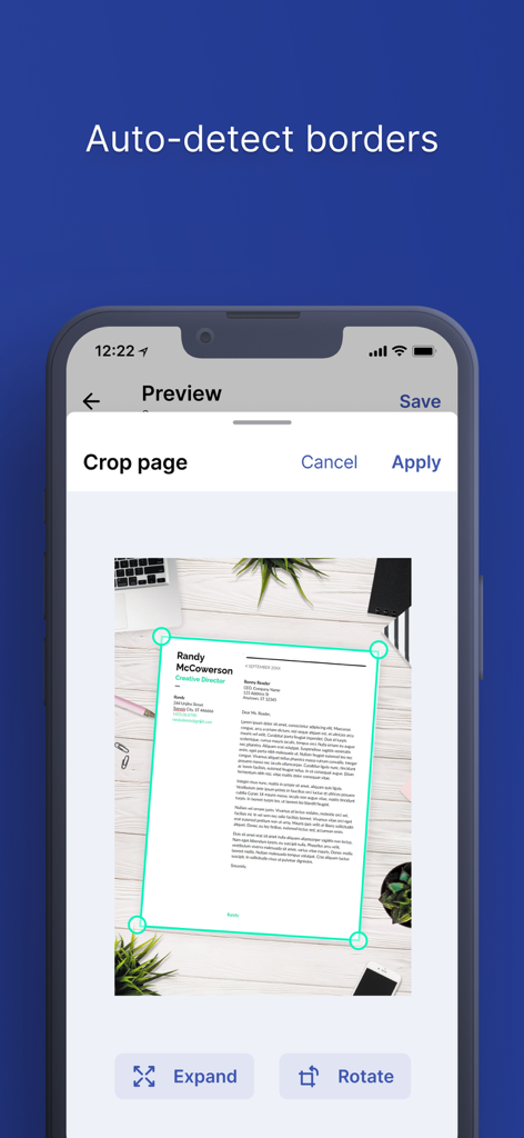 Easy Scanner Camera to PDF - Interfaz de la aplicación Easy Scanner demostrando la función de detección automática de bordes y recorte de página en un documento.