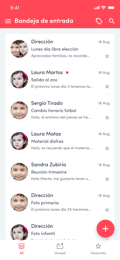 Dinantia - Bandeja de entrada de la aplicación móvil Dinantia que muestra una lista de notificaciones escolares y mensajes de los profesores para los padres