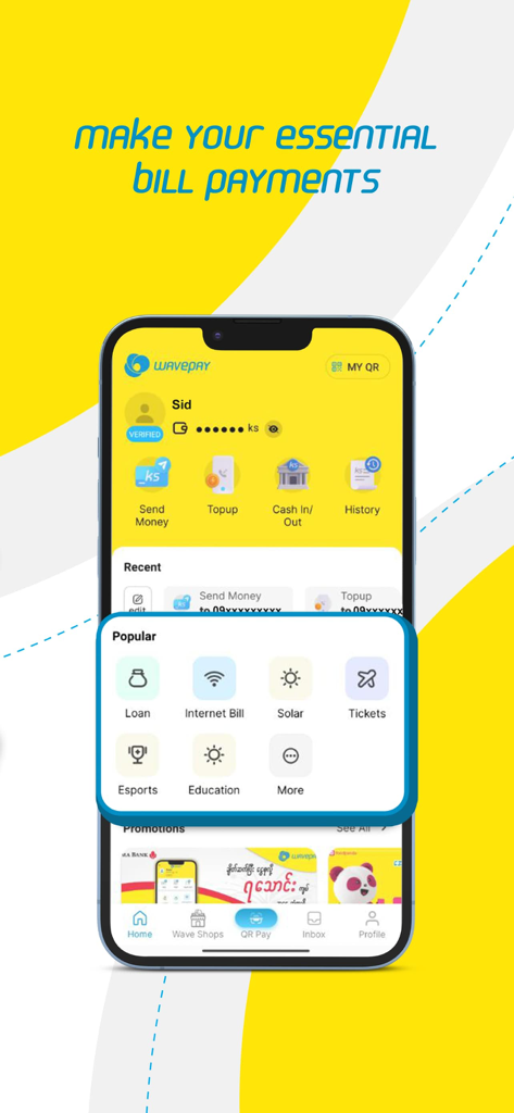 WavePay - WavePayアプリのインターフェース。インターネット、ソーラー、教育などの請求書支払いカテゴリを表示しています。