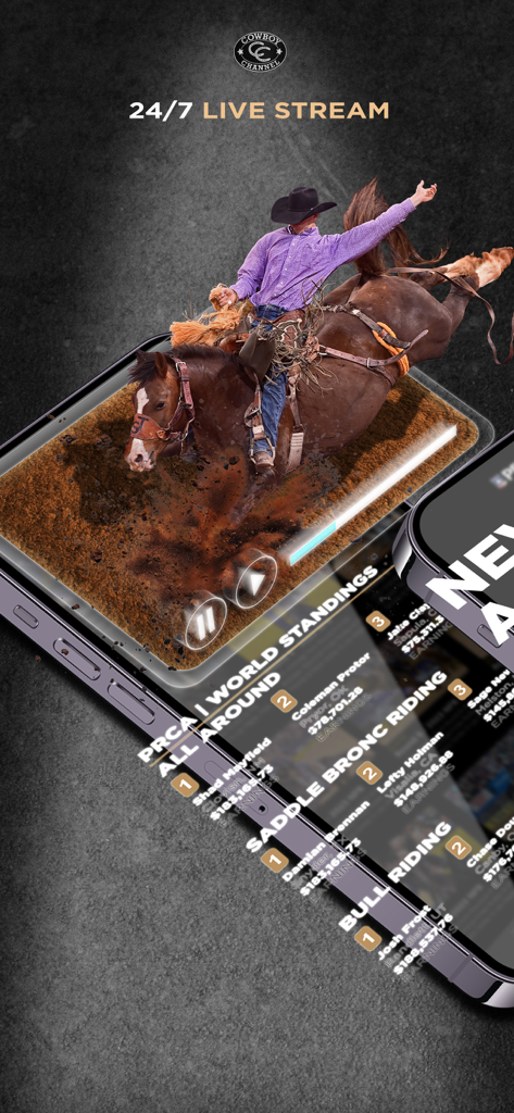 La aplicación Cowboy Channel Plus mostrando una transmisión de rodeo en vivo y las clasificaciones mundiales de PRCA