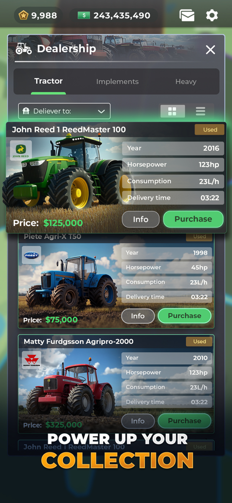 Farm Manager - 2026 - Tractor dealership interface in Farm Manager 2026 showing available vehicles with technical specifications and prices