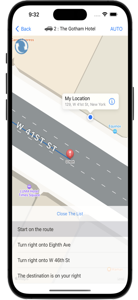 Pantalla de navegación que muestra mapa y direcciones al Gotham Hotel en la aplicación Im here