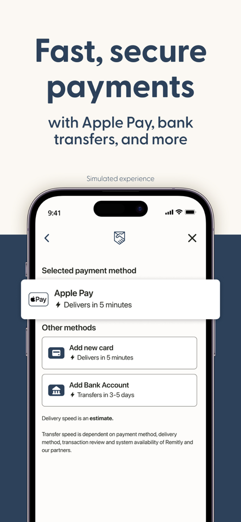 Remitly: Global Money Transfer - Interface de l'application mobile Remitly affichant les méthodes de paiement comme Apple Pay et les virements bancaires