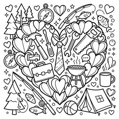 Dive into this special Father's Day coloring page, where a grand heart formed by paper cutouts celebrates everything dad loves. Filled with tools, outdoor adventures, and symbols of affection, it's a perfect way to show your appreciation.