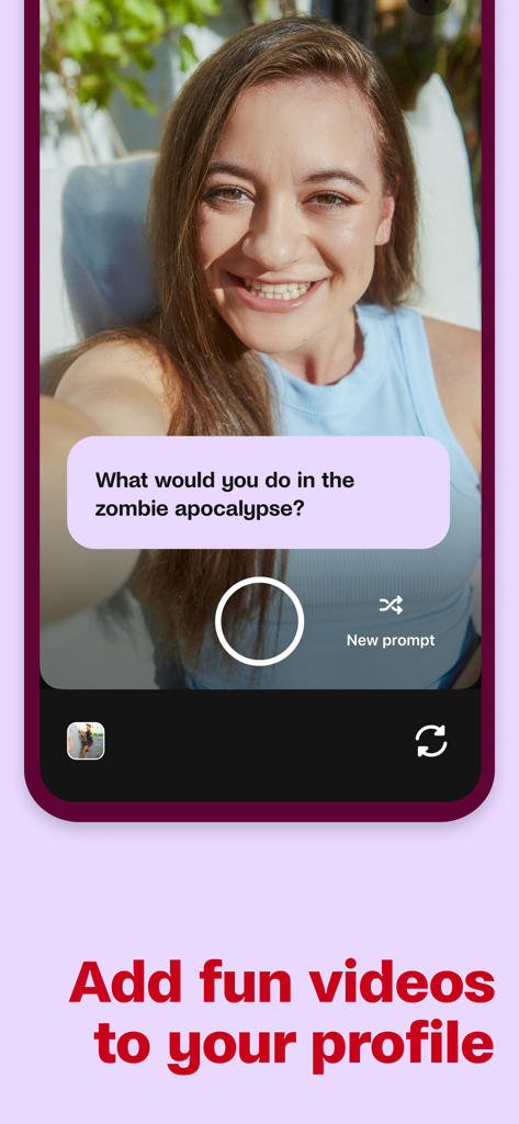 A woman adding a fun video to her Badoo profile with a personality prompt about the zombie apocalypse