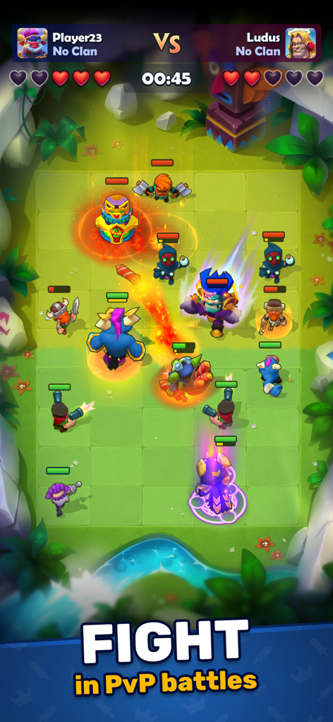 Real-time PvP battle scene in Ludus Strategy Card Battle showing fantasy heroes fighting on a grid-based arena.