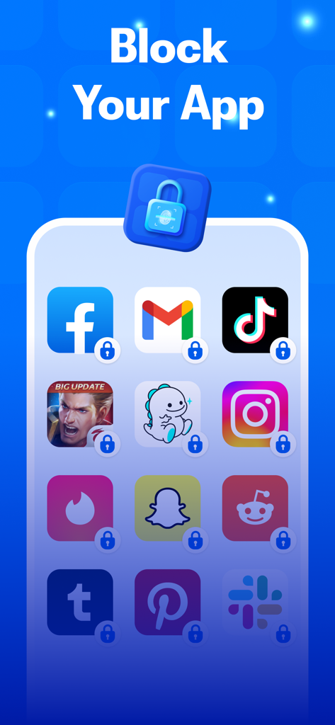 Interfaz de AppLock mostrando aplicaciones populares de redes sociales y comunicación con iconos de bloqueo de seguridad para proteger la privacidad del usuario