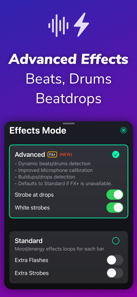 iLightShow for Philips Hue - iLightShow app interface showing advanced music effects settings for smart lights