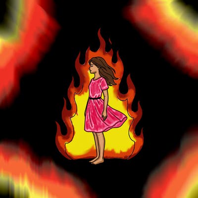 there is a fire but it's not so big but it's big but not too much and there is a girl standing in the middle