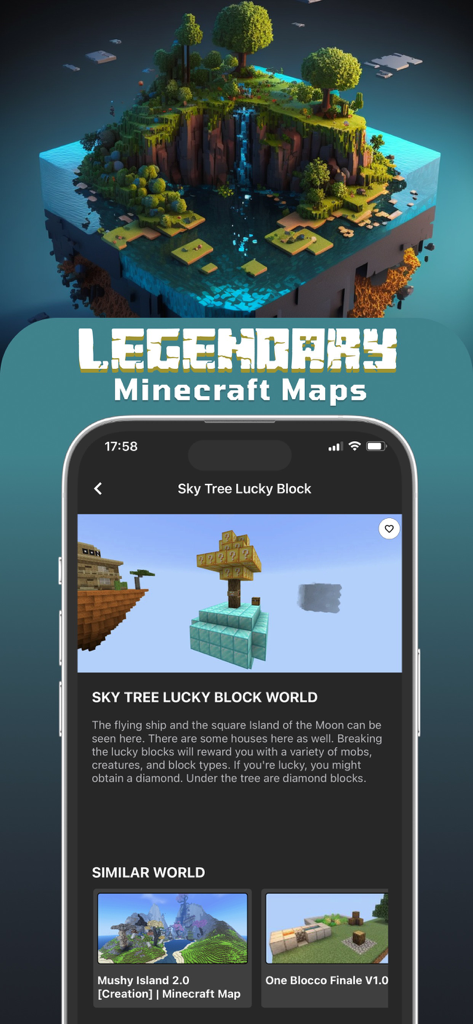 Interfaz de la aplicación Mine Maps para Minecraft PE mostrando la descripción de un mapa de mundo Lucky Block Sky Tree